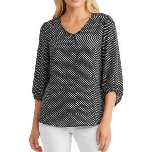 Como Black V-Neck Blouson Sleeve Crepe Blouse Polka Dot NWT Size Medium